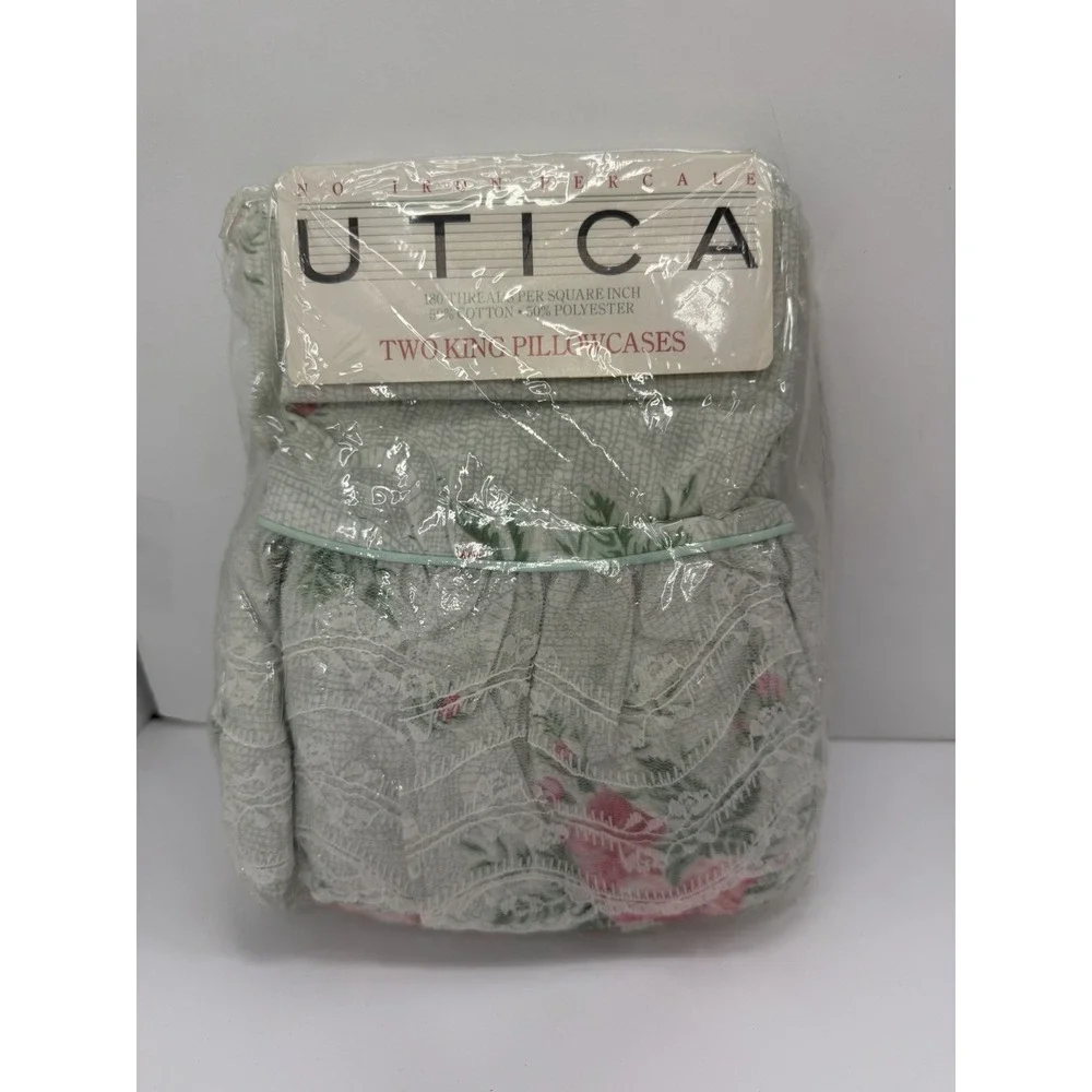Utica 2 King Pillowcases Maiden Lace Ruffle Rose Floral Vintage No Iron Percale